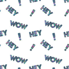 Fototapeta na wymiar Seamless Holographic Stickers Pattern. Hey Wow and exclamation point
