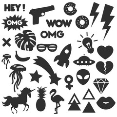 Vector Pop Art Silhouette Stickers Set. Trendy fashion shapes