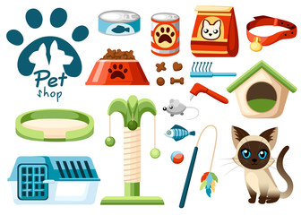 Set of pet shop icons. Accessories for cats. Flat vector illustration. Feed, toys, bowl, collar. Products for the pet shop. Vector illustration isolated on white background