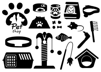 Set of pet shop black icons. Accessories for cats. Flat vector illustration. Feed, toys, bowl, collar. Products for the pet shop. Vector illustration isolated on white background
