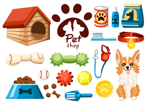 Set of pet shop icons. Accessories for dogs. Flat vector illustration. Feed, toys, balls, collar. Products for the pet shop. Vector illustration isolated on white background