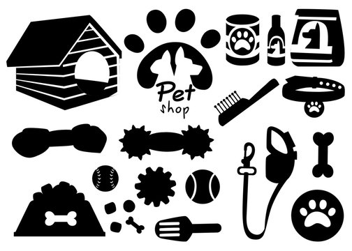 Set of pet shop black icons. Accessories for dogs. Flat vector illustration. Feed, toys, balls, collar. Products for the pet shop. Vector illustration isolated on white background
