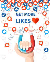 Get more likes. Hand hold horseshoe magnet pulling or get many likes. SEO concept. Vector illustration isolated on white background. Web site page and mobile app design