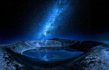 Papier Peint photo Nuit Milky way and lake in the volcano crater, Iceland