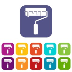 Paint roller with paint icons set