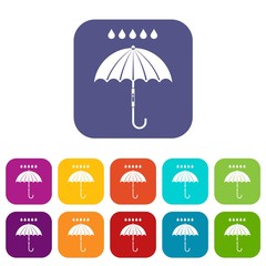 Umbrella and rain drops icons set