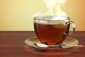Cup of tea on the wooden table. 3D rendering