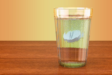 Effervescent soluble tablet pill in the glass on the wooden table. 3D rendering