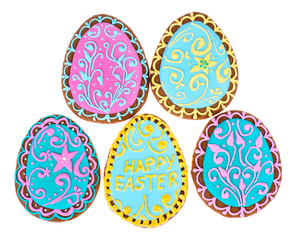 Easter gingerbread cookies on white background