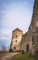 Fototapeta na wymiar Massive externall walls of the medieval Bolkow Castle