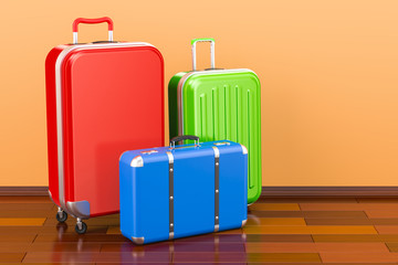 Luggage, baggage, colorful suitcases in room on the wooden floor, 3D rendering