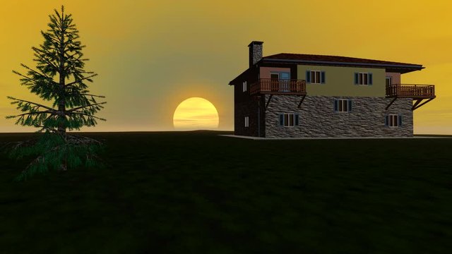 Sunset, a beautiful  animation, a great sun between the tree and the house.
