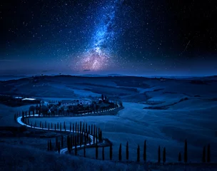 Gordijnen Milky way and winding road with cypresses, Tuscany © shaiith