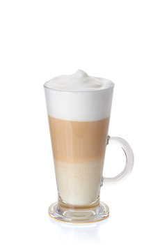 Glass cup of coffee latte on white