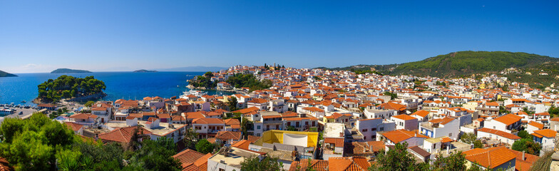 Fototapeta na wymiar Panoramic view of the Skiathos City, Skiathos Island, Greece