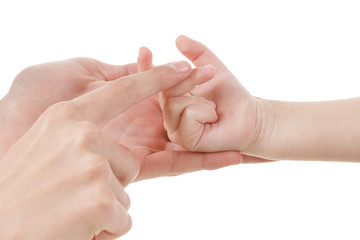 Woman and baby playing with hand together isolated on white, count fingers, training education