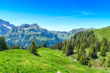 Swiss alps in the summer season. Panorama of the picturesque mountain, alpine landscape. Resort...