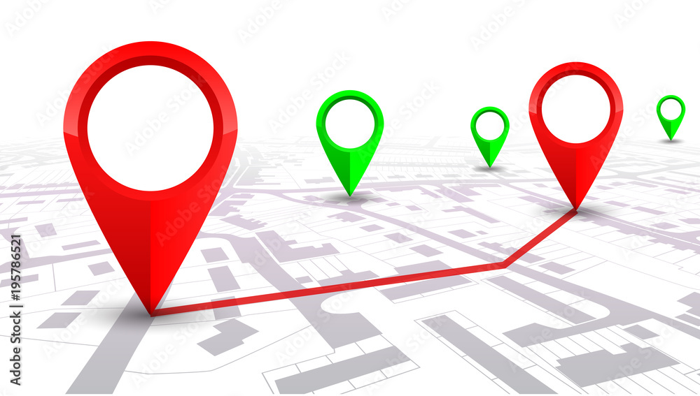 Poster Red GPS navigator pointer on city map, from place to place – for stock
