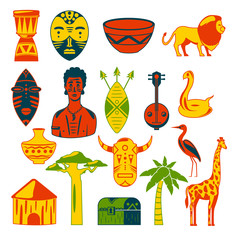 Africa. African images. Vector icons. Giraffe, mask, man, snake, vase, lion, house, palm, baobab
