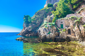 Fototapeta premium Dubrovnik beach Adriatic Coast. / Scenic view at summer landscape in Dubrovnik,, Adriatic Coast and marble hidden beach, Croatia Europe.