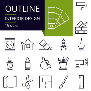 Set of outline icons of Interior Design..Modern icons for website, mobile, app design and print.