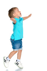 The little boy is emotionally waving his arms.