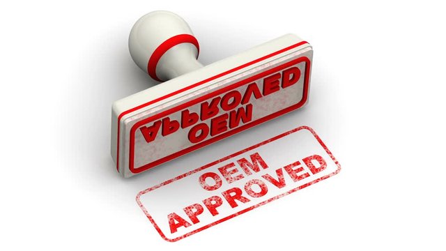 OEM approved. The stamp leaves a red imprint OEM APPROVED (Original Equipment Manufacturer approved) on white surface. Footage video