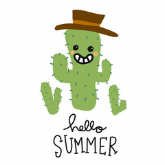 Hello summer cowboy cactus cartoon vector illustration