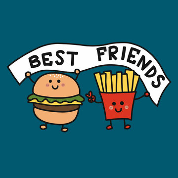 Hamburger And French-fries Best Friend Cartoon Vector Illustration Doodle Style