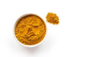 Isolated turmeric powder. White background. Top view. 