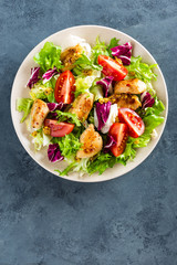 Fresh vegetable salad of tomatoes, cucumbers, italian mix, lettuce and grilled chicken breast. Fried chicken meat, fillet with salad. Healthy food. Flat lay. Top view
