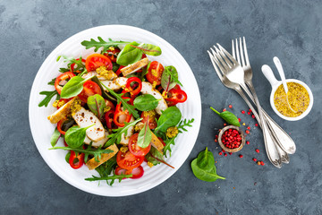Fresh vegetable salad plate of tomatoes, spinach, pepper, arugula, chard leaves and grilled chicken breast. Fried chicken meat, fillet with salad. Healthy food. Diet dinner or lunch menu