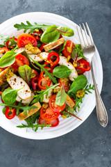 Fresh vegetable salad plate of tomatoes, spinach, pepper, arugula, chard leaves and grilled chicken breast. Fried chicken meat, fillet with salad. Healthy food. Diet dinner or lunch menu