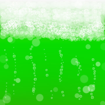Green beer background for Saint Patricks Day with bubble foam. Cool liquid drink for pub and bar menu design, banners and flyers.  Realistic backdrop with green beer for St. Patrick. Cold ale glass