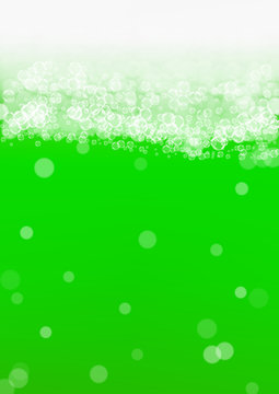 Green beer background for Saint Patricks Day with bubble foam. Cool beverage for restaurant menu design, banners and flyers. Realistic backdrop with green beer for St. Patrick. Cold ale glass