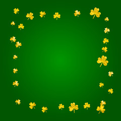 St patricks day background with shamrock. Lucky trefoil confetti. Glitter frame of clover leaves. Template for poster, gift certificate, banner. Festal st patricks day backdrop.