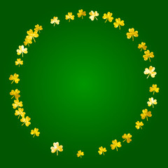 Saint patricks day background with shamrock. Lucky trefoil confetti. Glitter frame of clover leaves. Template for gift coupons, vouchers, ads, events. Celtic saint patricks day backdrop.