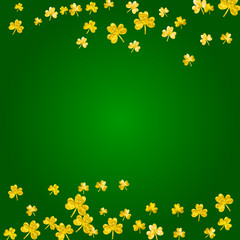 St patricks day background with shamrock. Lucky trefoil confetti. Glitter frame of clover leaves. Template for voucher, special business ad, banner. Happy st patricks day backdrop.
