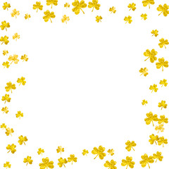 Saint patricks day background with shamrock. Lucky trefoil confetti. Glitter frame of clover leaves. Template for flyer, special business offer, promo. Merry saint patricks day backdrop.