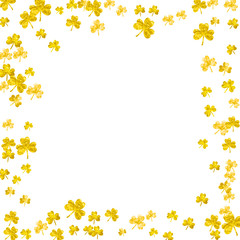 Saint patricks day background with shamrock. Lucky trefoil confetti. Glitter frame of clover leaves. Template for gift coupons, vouchers, ads, events. Merry saint patricks day backdrop.