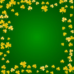 Clover background for Saint Patricks Day. Lucky trefoil confetti. Glitter frame of shamrock leaves. Template for special business offer, banner, flyer. Greeting clover background.