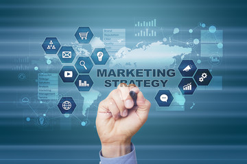 Marketing strategy concept on virtual screen. Internet, advertising and digital technology concept. Sales growth.