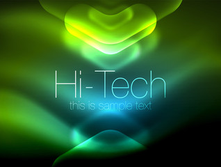 Blurred arrows in dark space. Neon pointers, glass glossy design, abstract shiny techno background, web banner