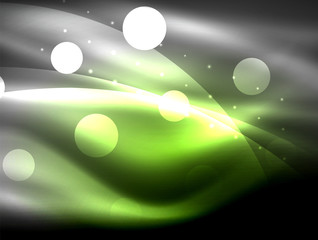 Neon wave background with light effects, curvy lines with glittering and shiny dots, glowing colors in darkness, magic energy