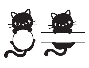 Cute black silhouette cat round and rectangular frame vector illustration.
