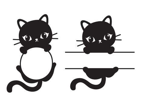 Cute black silhouette cat round and rectangular frame vector illustration.
