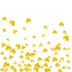 Saint patricks day background with shamrock. Lucky trefoil confetti. Glitter frame of clover leaves. Template for poster, gift certificate, banner. Holiday saint patricks day backdrop.