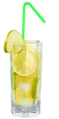 mojito cocktail with lime and straw drinking isolated