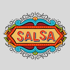 Festive hand drawn salsa frame. Vector illusration of banner in vintage style.Coloflul  poster for dance party, cards, banners, t-shirts, dance studio. 
