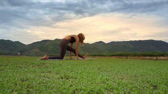 Bottom View Woman Holds Yoga Position on Green Meadow